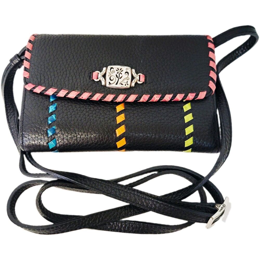 Brighton Black Leather Crossbody Wallet Bag Colorful Whipstitch Detachable Strap
